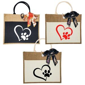 Custom Canvas Tote Bag, Large Size - Paw Print Heart, Black or Cream Tote